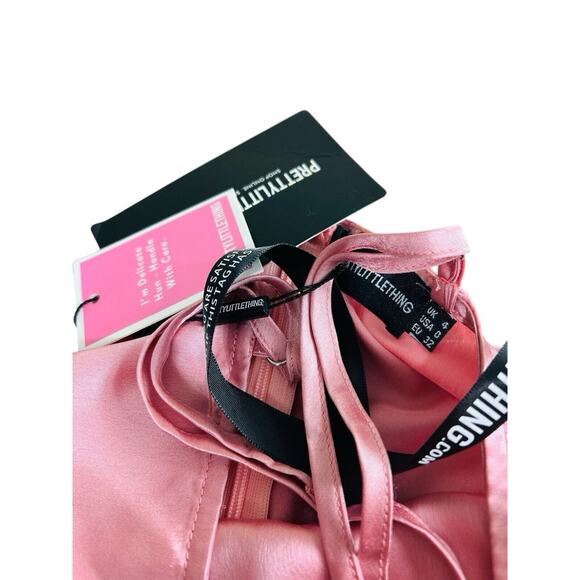 Pretty Little Thing Rose Satin Cut Out Side Bodycon Dress Sz 0 Light Pink New - Picture 5 of 9